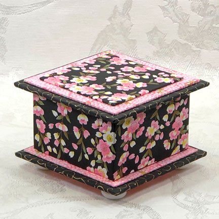 Pink Flowers on Black Washi Covered Box, 4.5"x 4.5" (brim to brim); 3.25" tall