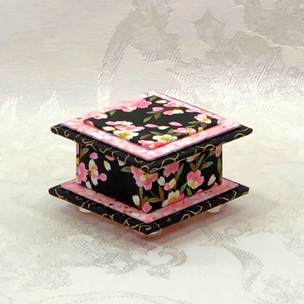 Pink Flowers on Black Washi Covered Box, 3"x3" (brim to brim); 2" tall