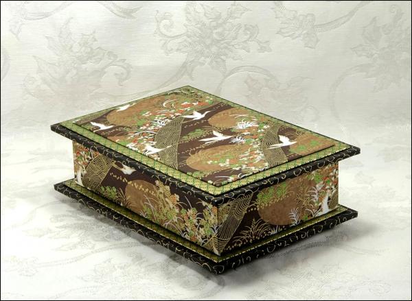 Cranes on Brown  Washi Covered Box, 9.75" x 6.75" (brim to brim); 3.5" tall picture