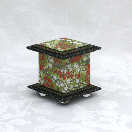 Green Cherry Washi Covered Box, 3"x3" (brim to brim); 3.38" tall