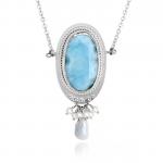 Large Larimar Statement Necklace White Freshwater Pearl