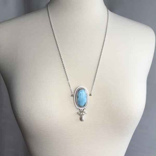 Large Larimar Statement Necklace White Freshwater Pearl picture
