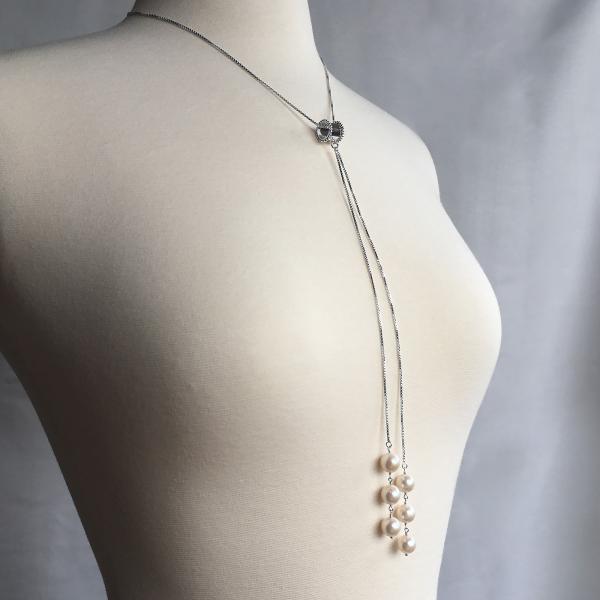 Dangling Long White Pearl Necklace Sterling Silver picture