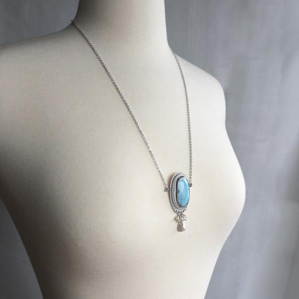 Large Larimar Statement Necklace White Freshwater Pearl picture