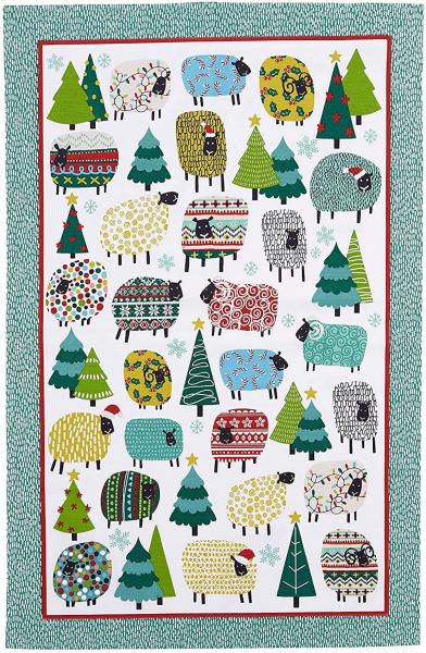 Sheep holiday tea towel picture
