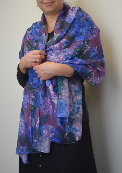 Purple & Blue Hydrangeas, 100% Silk Chiffon Scarf picture