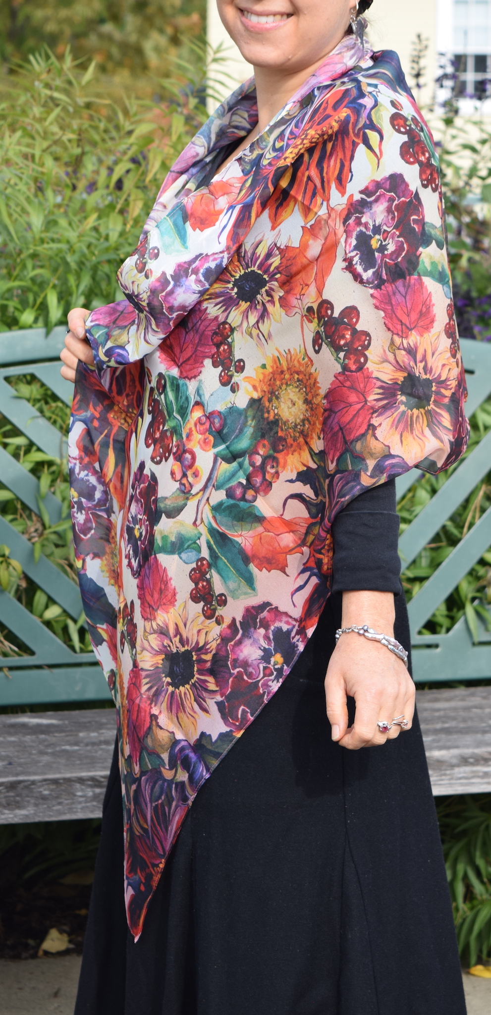 Sunflowers, Leaves & Berries, 100% Silk Chiffon Scarf picture