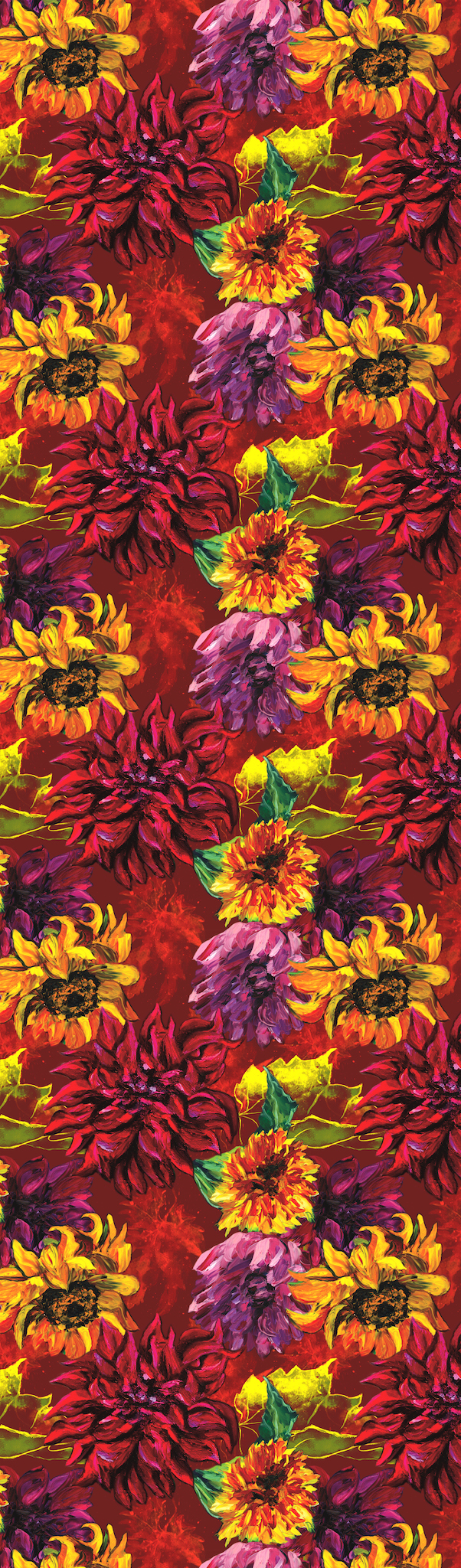 Sunflowers & Dahlias on Red, 100% Silk Chiffon Scarf picture