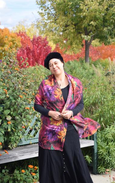 Sunflowers & Dahlias on Burgundy, 100% Silk Chiffon Scarf picture