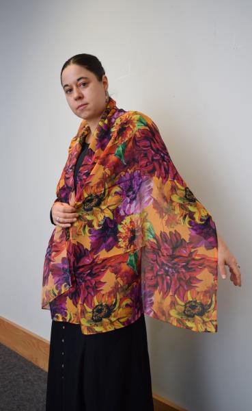 Sunflowers & Dahlias on Golden Orange, 100% Silk Chiffon Scarf picture