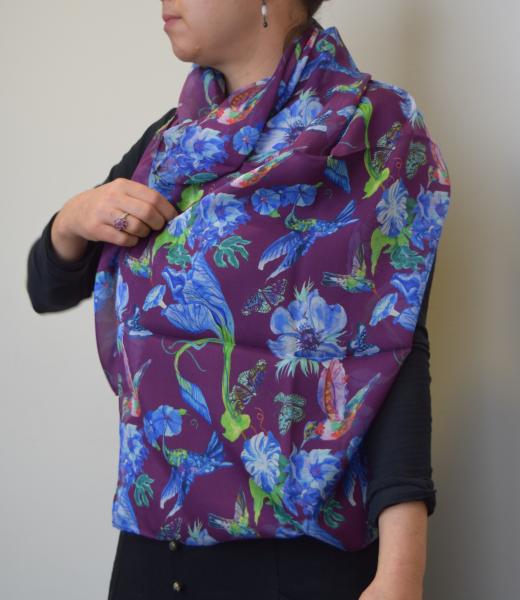 Hummingbirds & Blue Flowers on Burgundy, 100% Silk Chiffon Scarf picture