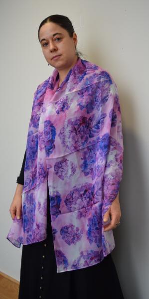 Magenta & Blue Hydrangeas, 100% Silk Chiffon Scarf picture