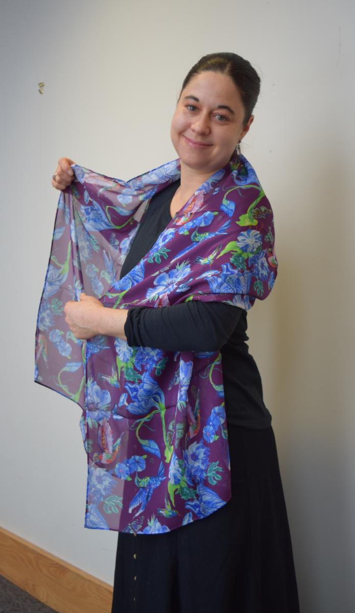 Hummingbirds & Blue Flowers on Burgundy, 100% Silk Chiffon Scarf picture