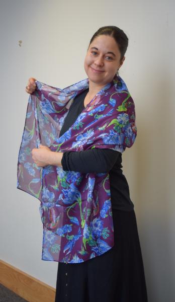 Hummingbirds & Blue Flowers on Burgundy, 100% Silk Chiffon Scarf picture