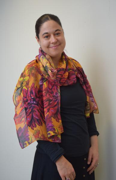 Sunflowers & Dahlias on Golden Orange, 100% Silk Chiffon Scarf picture