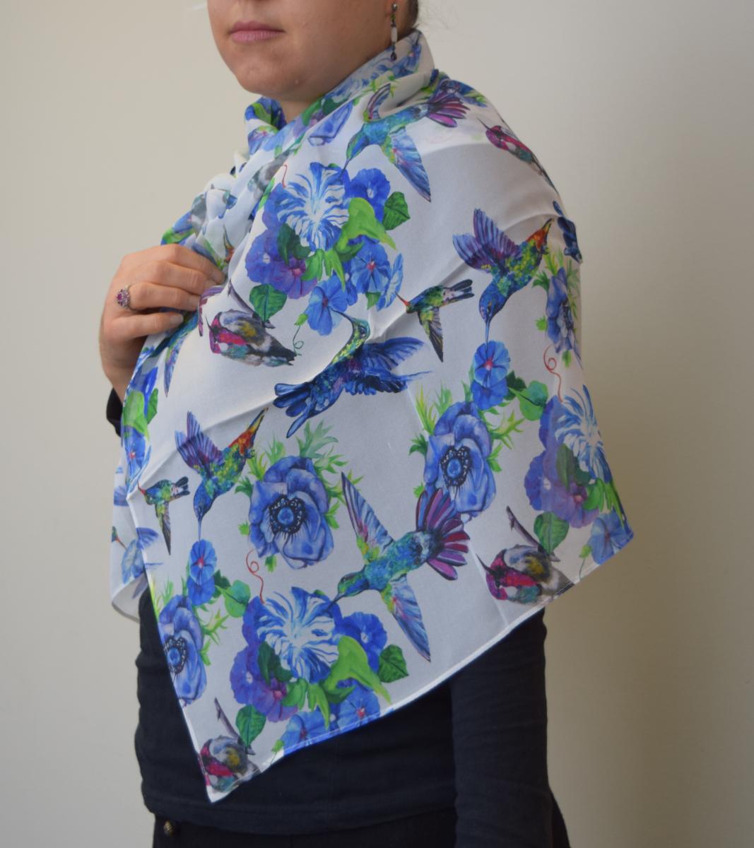 Blue Hummingbirds on White, 100% Silk Chiffon Scarf picture