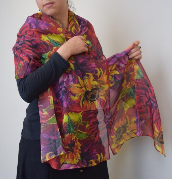 Sunflowers & Dahlias on Red, 100% Silk Chiffon Scarf picture