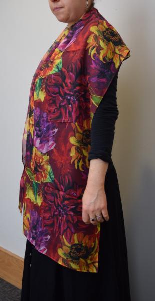 Sunflowers & Dahlias on Red, 100% Silk Chiffon Scarf picture