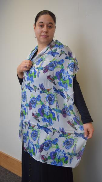 Blue Hummingbirds on White, 100% Silk Chiffon Scarf picture