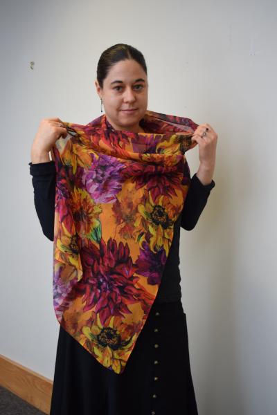 Sunflowers & Dahlias on Golden Orange, 100% Silk Chiffon Scarf picture