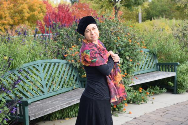 Sunflowers & Dahlias on Burgundy, 100% Silk Chiffon Scarf picture