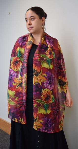 Sunflowers & Dahlias on Red, 100% Silk Chiffon Scarf picture