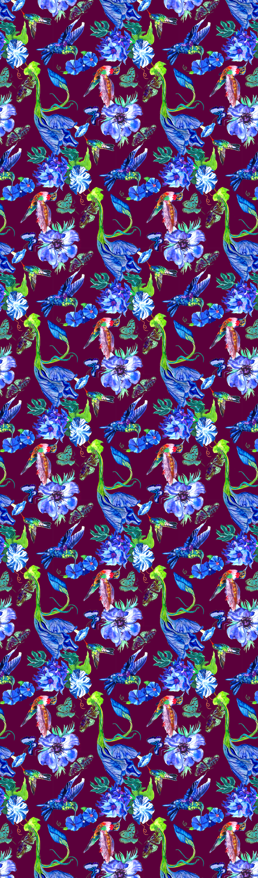 Hummingbirds & Blue Flowers on Burgundy, 100% Silk Chiffon Scarf picture