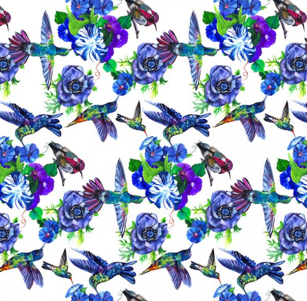 Blue Hummingbirds on White, 100% Silk Chiffon Scarf picture