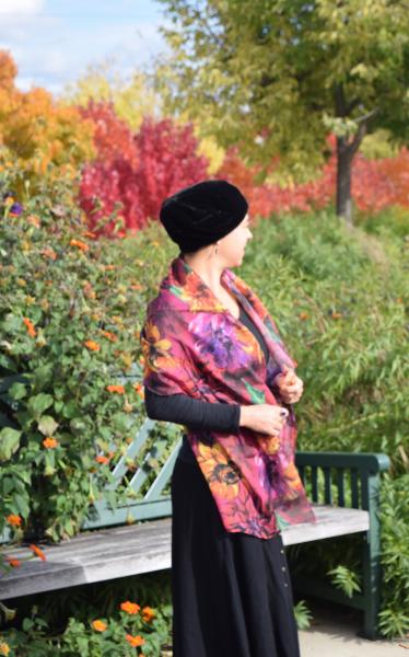 Sunflowers & Dahlias on Burgundy, 100% Silk Chiffon Scarf picture