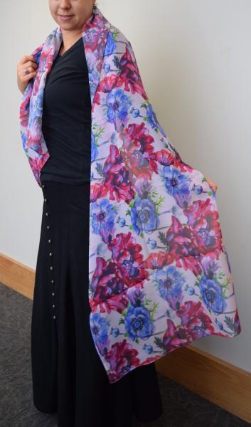 Blue & Magenta Poppies, 100% Silk Chiffon Scarf picture