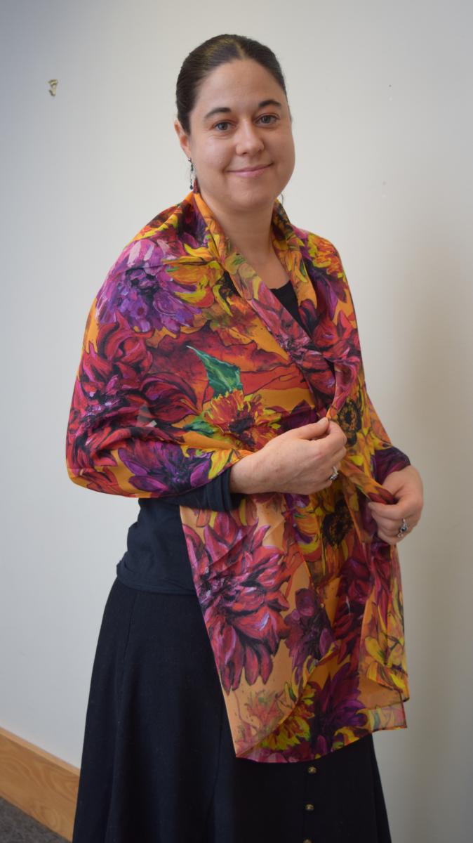 Sunflowers & Dahlias on Golden Orange, 100% Silk Chiffon Scarf picture