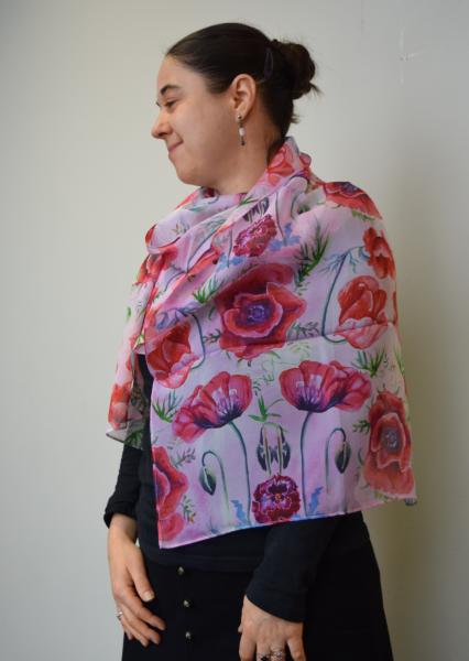 Peach Poppies, 100% Silk Chiffon Scarf picture