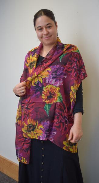 Sunflowers & Dahlias on Burgundy, 100% Silk Chiffon Scarf picture