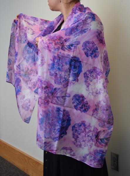 Magenta & Blue Hydrangeas, 100% Silk Chiffon Scarf picture