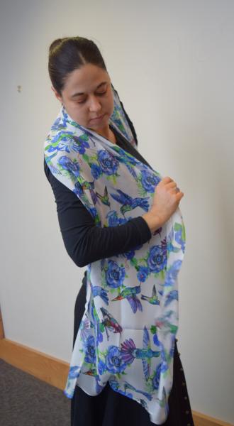 Blue Hummingbirds on White, 100% Silk Chiffon Scarf picture