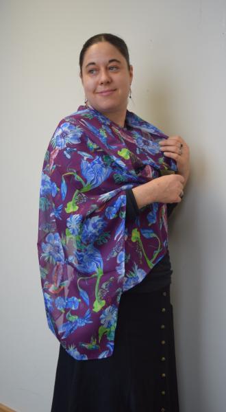 Hummingbirds & Blue Flowers on Burgundy, 100% Silk Chiffon Scarf picture