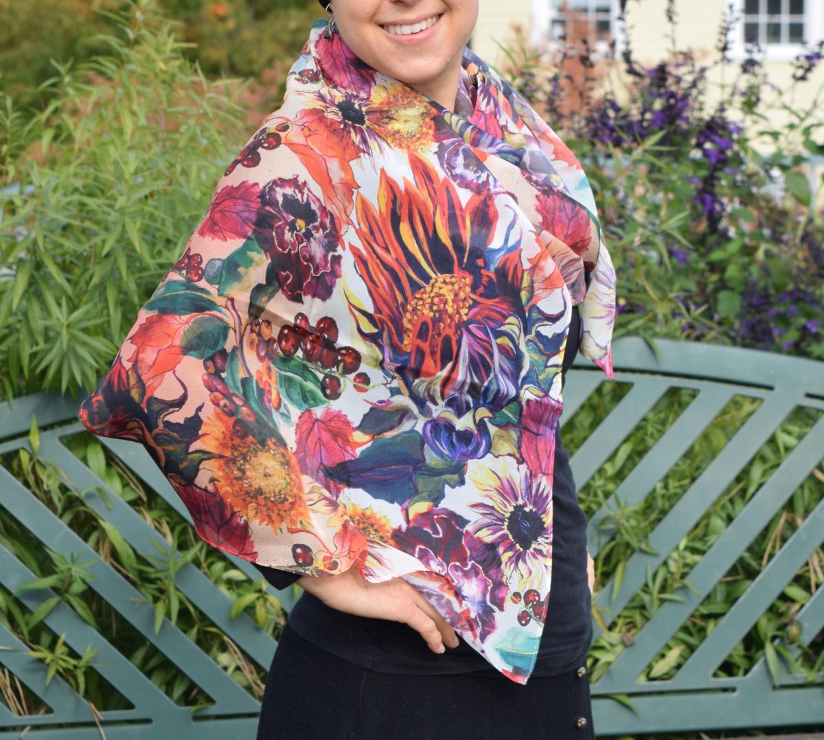 Sunflowers, Leaves & Berries, 100% Silk Chiffon Scarf picture