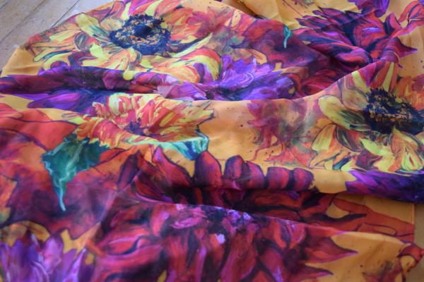 Sunflowers & Dahlias on Golden Orange, 100% Silk Chiffon Scarf picture