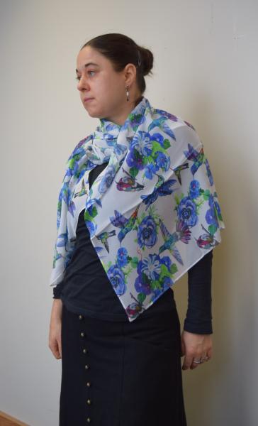 Blue Hummingbirds on White, 100% Silk Chiffon Scarf picture