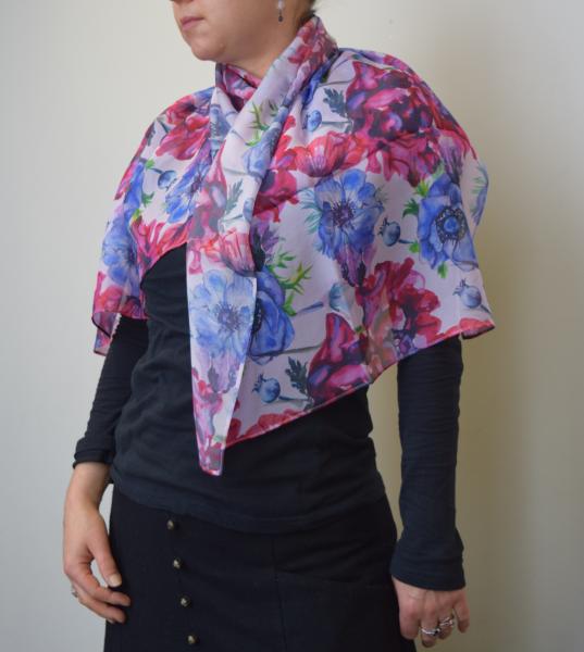 Blue & Magenta Poppies, 100% Silk Chiffon Scarf picture