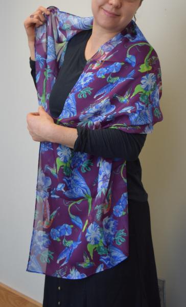 Hummingbirds & Blue Flowers on Burgundy, 100% Silk Chiffon Scarf picture