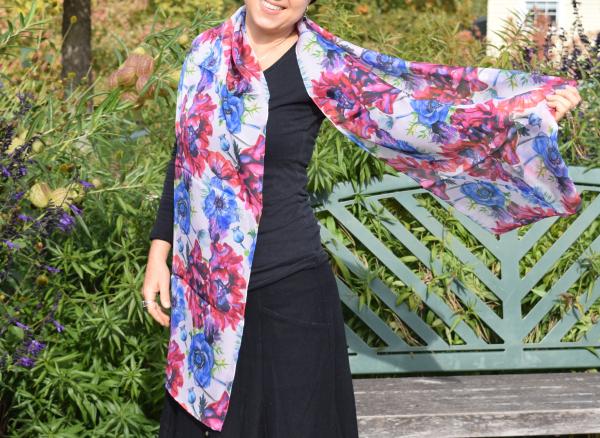 Blue & Magenta Poppies, 100% Silk Chiffon Scarf picture