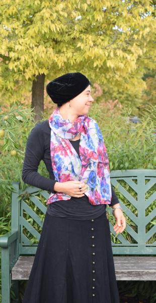 Blue & Magenta Poppies, 100% Silk Chiffon Scarf picture