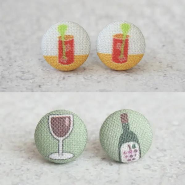 Red Wine + Bloody Mary Fabric Button Earrings picture