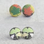 Fall / Gingko Leaves Fabric Button Earrings