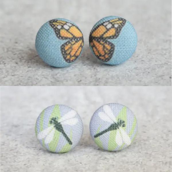 Dragonfly / Monarch Butterfly Fabric Button Earrings