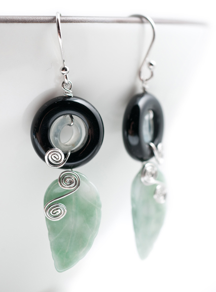 Jade Leaf & Onyx Earrings