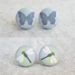 Dragonfly / Watercolor Butterfly Fabric Button Earrings