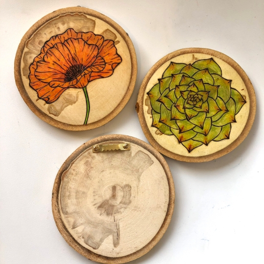 Wood art collection - succulent, dandelion, poppy flower set Active picture