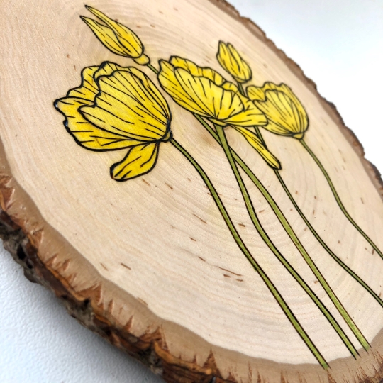 Yellow poppy flower original wood art mini picture
